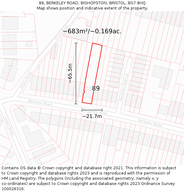 89, BERKELEY ROAD, BISHOPSTON, BRISTOL, BS7 8HQ: Plot and title map