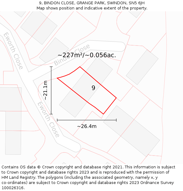 9, BINDON CLOSE, GRANGE PARK, SWINDON, SN5 6JH: Plot and title map