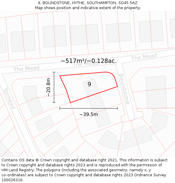 9, BOUNDSTONE, HYTHE, SOUTHAMPTON, SO45 5AZ: Plot and title map