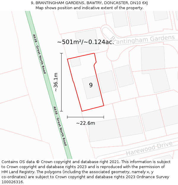 9, BRANTINGHAM GARDENS, BAWTRY, DONCASTER, DN10 6XJ: Plot and title map