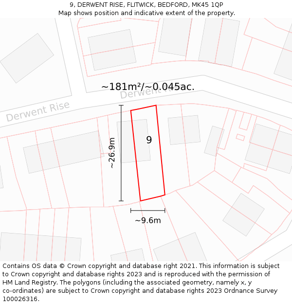 9, DERWENT RISE, FLITWICK, BEDFORD, MK45 1QP: Plot and title map