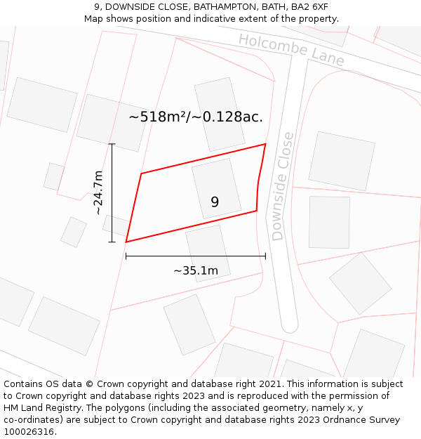 9, DOWNSIDE CLOSE, BATHAMPTON, BATH, BA2 6XF: Plot and title map