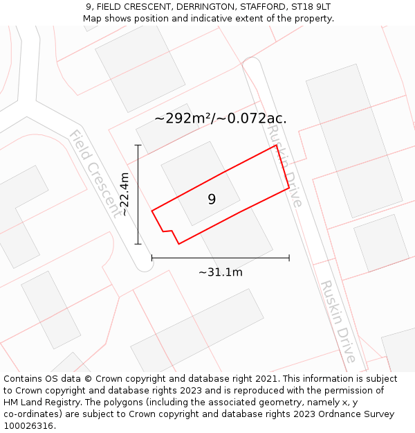 9, FIELD CRESCENT, DERRINGTON, STAFFORD, ST18 9LT: Plot and title map