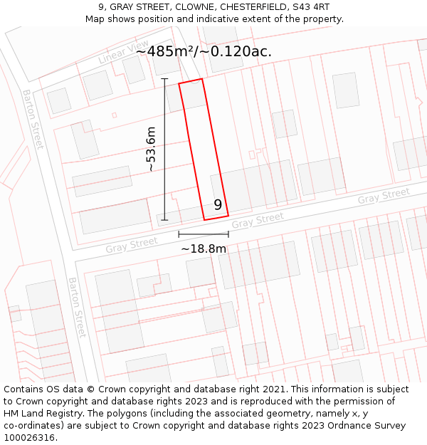 9, GRAY STREET, CLOWNE, CHESTERFIELD, S43 4RT: Plot and title map