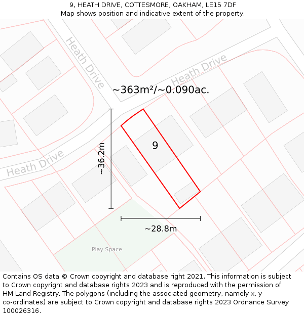 9, HEATH DRIVE, COTTESMORE, OAKHAM, LE15 7DF: Plot and title map