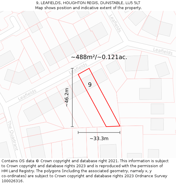 9, LEAFIELDS, HOUGHTON REGIS, DUNSTABLE, LU5 5LT: Plot and title map
