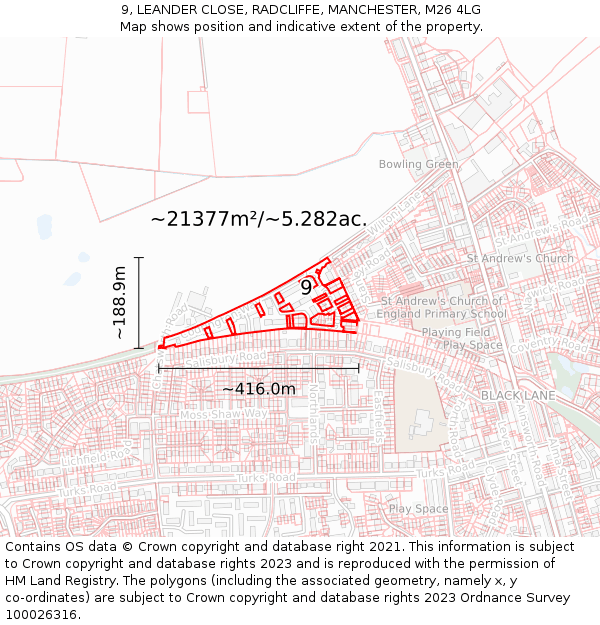 9, LEANDER CLOSE, RADCLIFFE, MANCHESTER, M26 4LG: Plot and title map