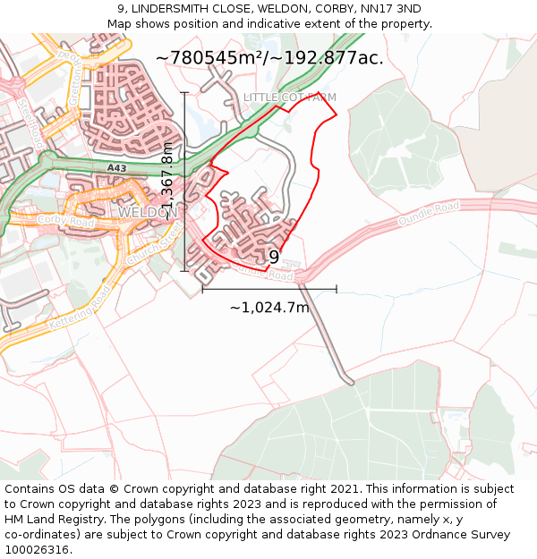 9, LINDERSMITH CLOSE, WELDON, CORBY, NN17 3ND: Plot and title map