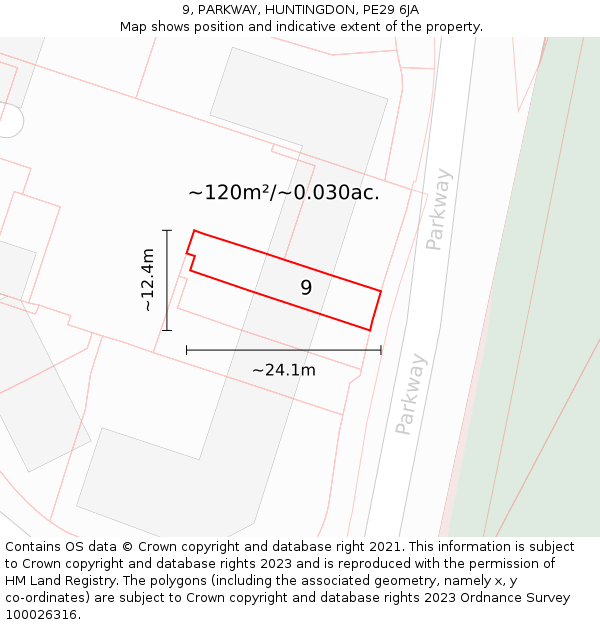 9, PARKWAY, HUNTINGDON, PE29 6JA: Plot and title map