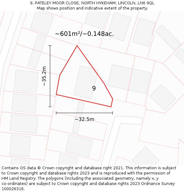 9, PATELEY MOOR CLOSE, NORTH HYKEHAM, LINCOLN, LN6 9QL: Plot and title map