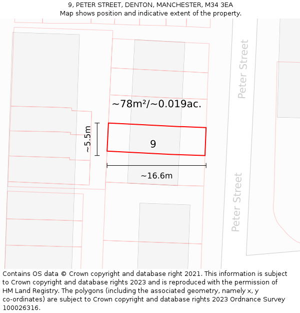 9, PETER STREET, DENTON, MANCHESTER, M34 3EA: Plot and title map