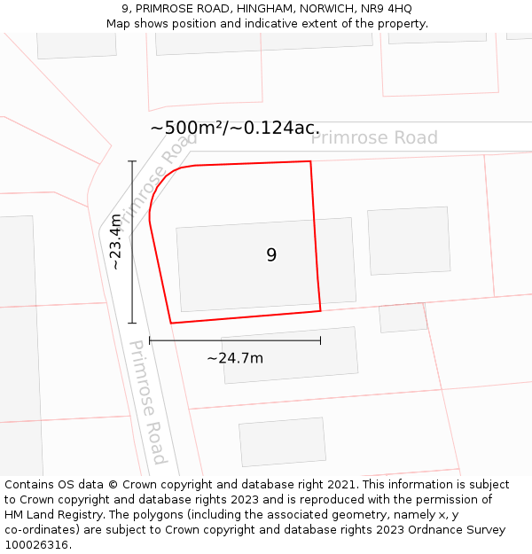 9, PRIMROSE ROAD, HINGHAM, NORWICH, NR9 4HQ: Plot and title map