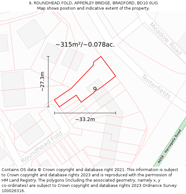 9, ROUNDHEAD FOLD, APPERLEY BRIDGE, BRADFORD, BD10 0UG: Plot and title map