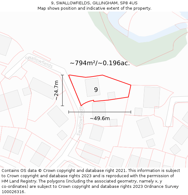 9, SWALLOWFIELDS, GILLINGHAM, SP8 4US: Plot and title map