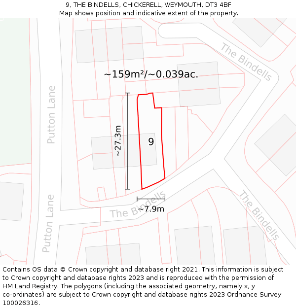 9, THE BINDELLS, CHICKERELL, WEYMOUTH, DT3 4BF: Plot and title map