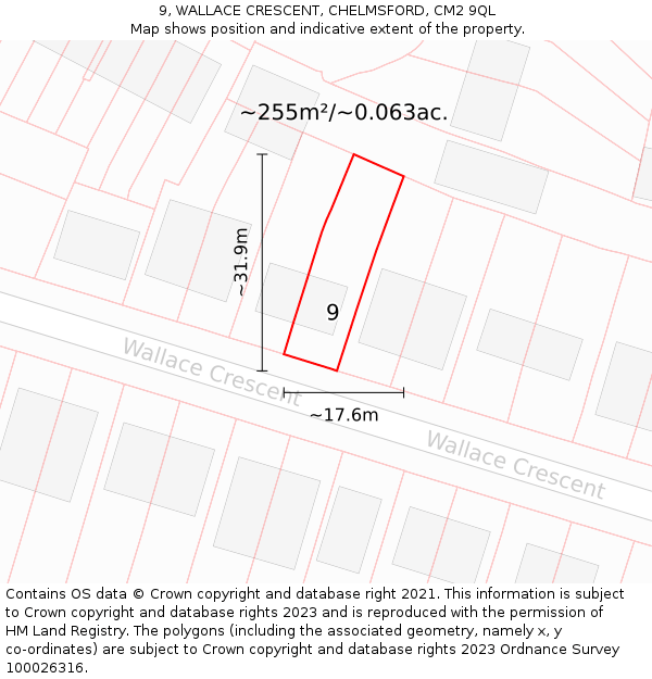9, WALLACE CRESCENT, CHELMSFORD, CM2 9QL: Plot and title map