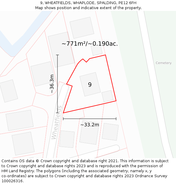 9, WHEATFIELDS, WHAPLODE, SPALDING, PE12 6FH: Plot and title map