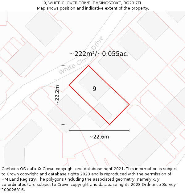 9, WHITE CLOVER DRIVE, BASINGSTOKE, RG23 7FL: Plot and title map