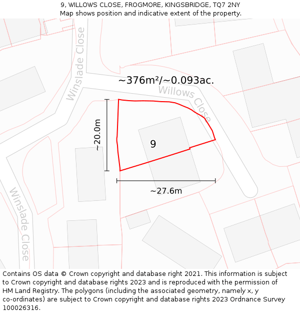 9, WILLOWS CLOSE, FROGMORE, KINGSBRIDGE, TQ7 2NY: Plot and title map