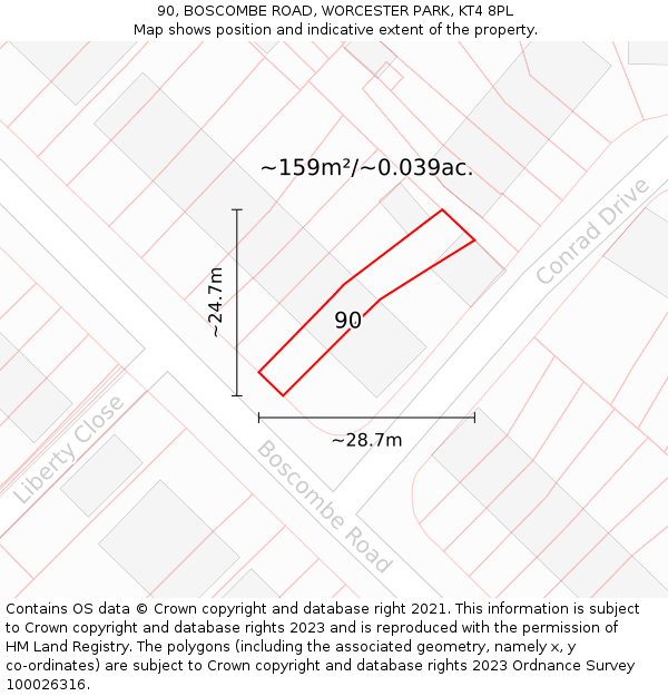 90, BOSCOMBE ROAD, WORCESTER PARK, KT4 8PL: Plot and title map