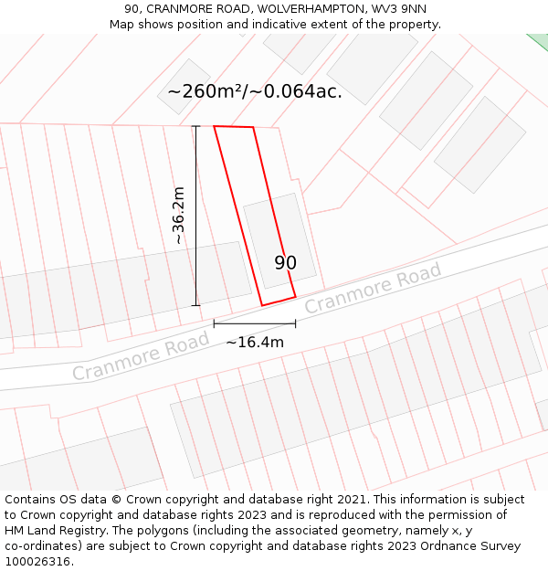 90, CRANMORE ROAD, WOLVERHAMPTON, WV3 9NN: Plot and title map
