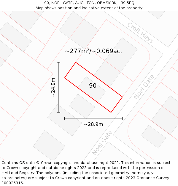 90, NOEL GATE, AUGHTON, ORMSKIRK, L39 5EQ: Plot and title map