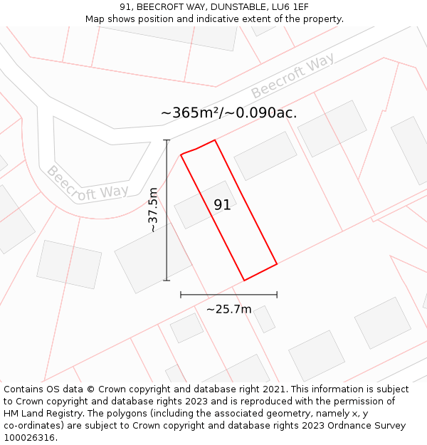 91, BEECROFT WAY, DUNSTABLE, LU6 1EF: Plot and title map