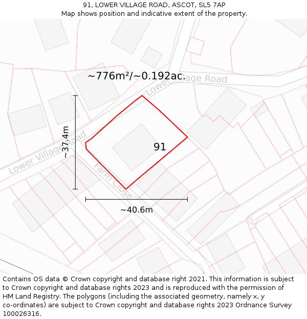 91, LOWER VILLAGE ROAD, ASCOT, SL5 7AP: Plot and title map
