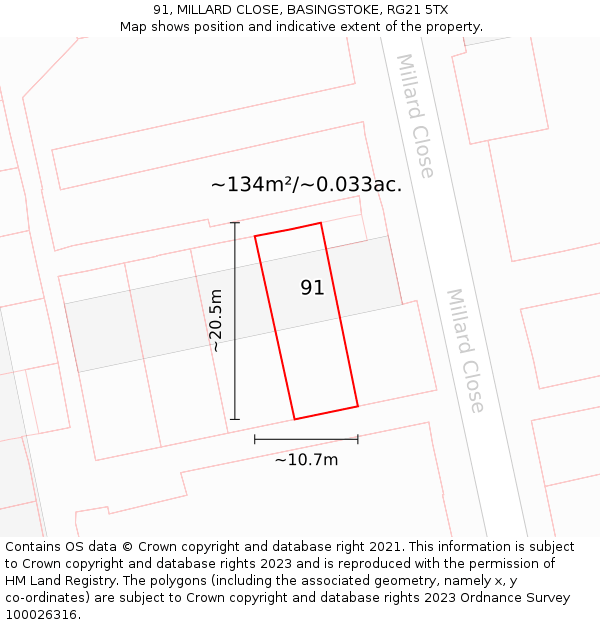 91, MILLARD CLOSE, BASINGSTOKE, RG21 5TX: Plot and title map
