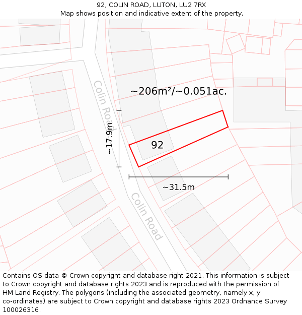 92, COLIN ROAD, LUTON, LU2 7RX: Plot and title map