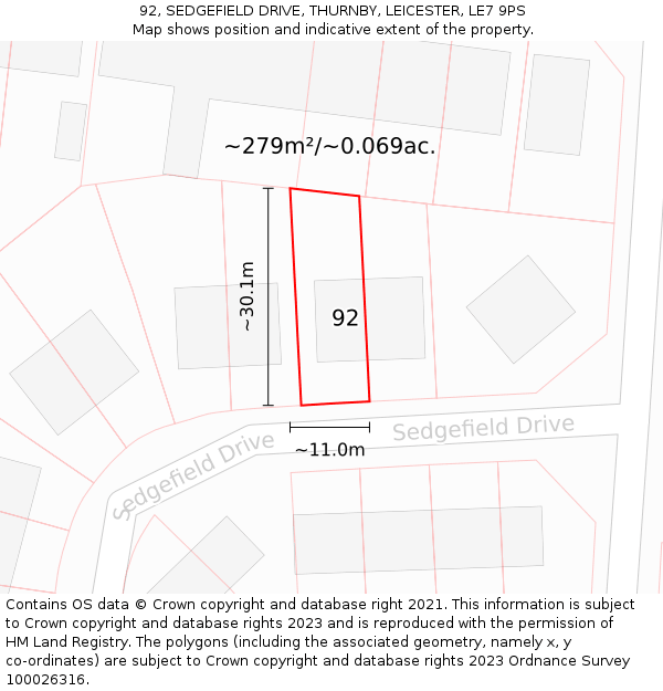 92, SEDGEFIELD DRIVE, THURNBY, LEICESTER, LE7 9PS: Plot and title map