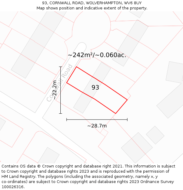 93, CORNWALL ROAD, WOLVERHAMPTON, WV6 8UY: Plot and title map