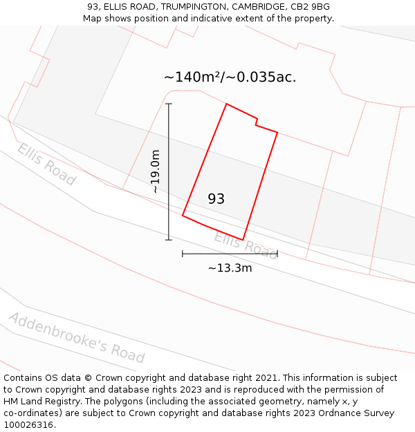 93, ELLIS ROAD, TRUMPINGTON, CAMBRIDGE, CB2 9BG: Plot and title map
