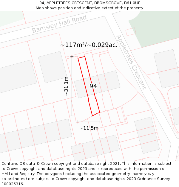 94, APPLETREES CRESCENT, BROMSGROVE, B61 0UE: Plot and title map