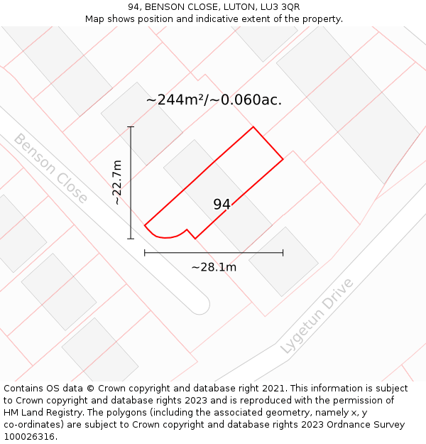94, BENSON CLOSE, LUTON, LU3 3QR: Plot and title map