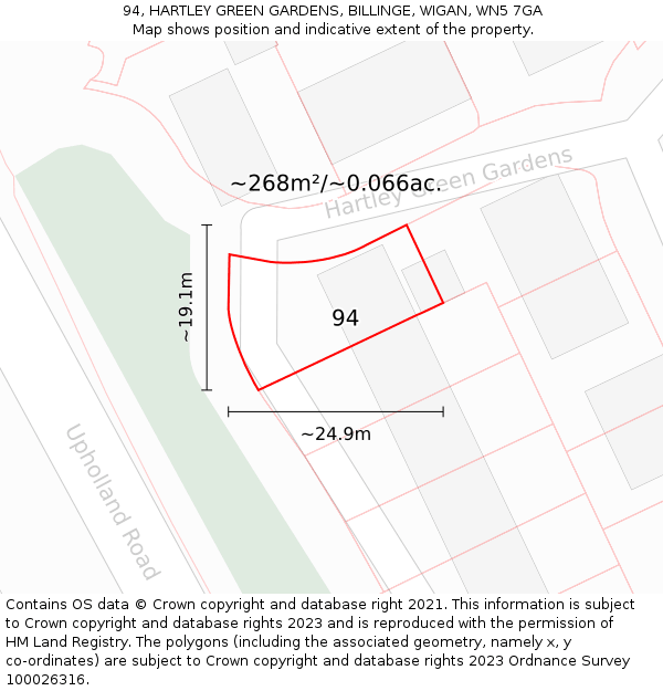 94, HARTLEY GREEN GARDENS, BILLINGE, WIGAN, WN5 7GA: Plot and title map
