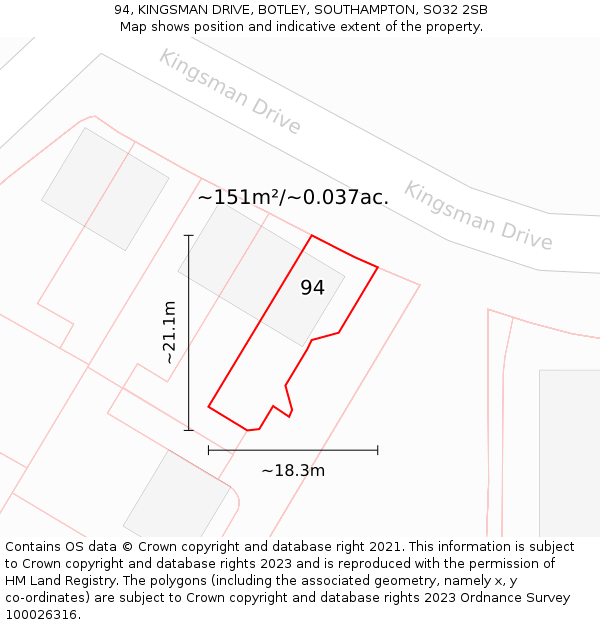 94, KINGSMAN DRIVE, BOTLEY, SOUTHAMPTON, SO32 2SB: Plot and title map