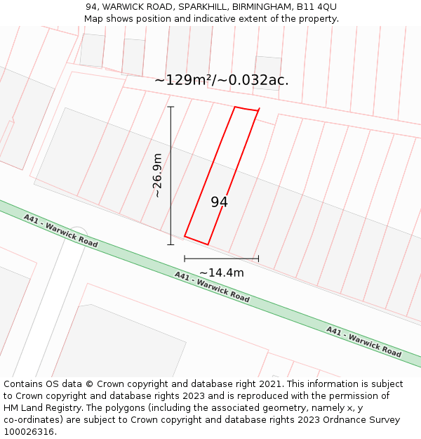 94, WARWICK ROAD, SPARKHILL, BIRMINGHAM, B11 4QU: Plot and title map
