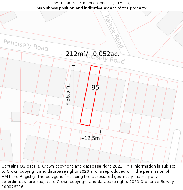 95, PENCISELY ROAD, CARDIFF, CF5 1DJ: Plot and title map