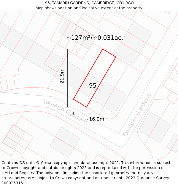 95, TAMARIN GARDENS, CAMBRIDGE, CB1 9GQ: Plot and title map