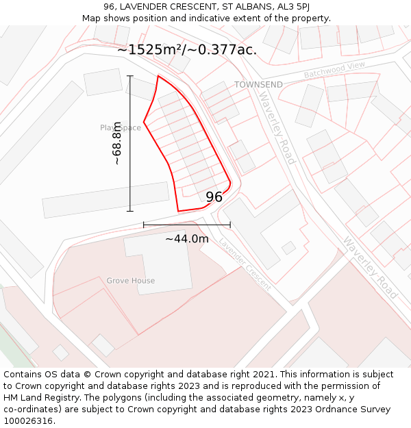 96, LAVENDER CRESCENT, ST ALBANS, AL3 5PJ: Plot and title map