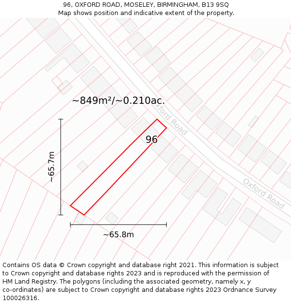 96, OXFORD ROAD, MOSELEY, BIRMINGHAM, B13 9SQ: Plot and title map
