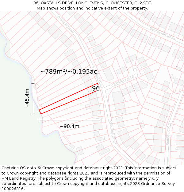 96, OXSTALLS DRIVE, LONGLEVENS, GLOUCESTER, GL2 9DE: Plot and title map