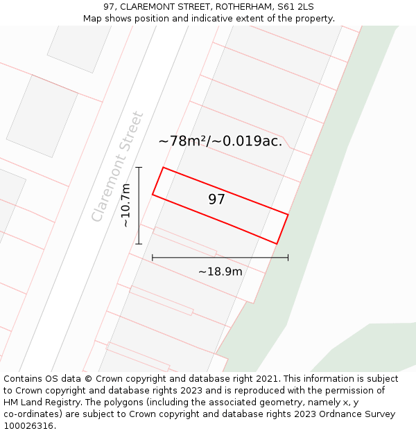 97, CLAREMONT STREET, ROTHERHAM, S61 2LS: Plot and title map