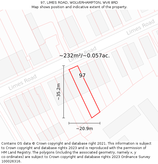97, LIMES ROAD, WOLVERHAMPTON, WV6 8RD: Plot and title map