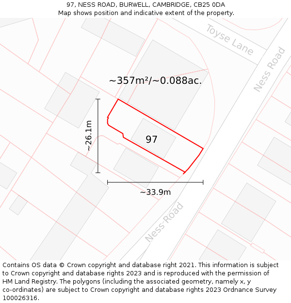 97, NESS ROAD, BURWELL, CAMBRIDGE, CB25 0DA: Plot and title map