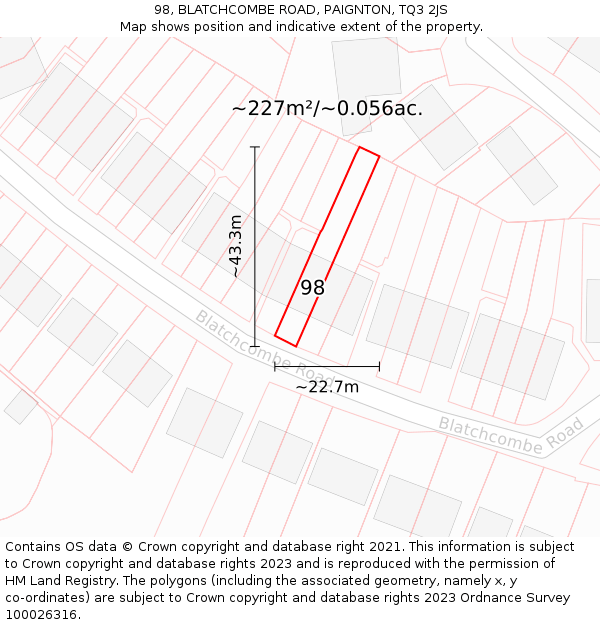 98, BLATCHCOMBE ROAD, PAIGNTON, TQ3 2JS: Plot and title map