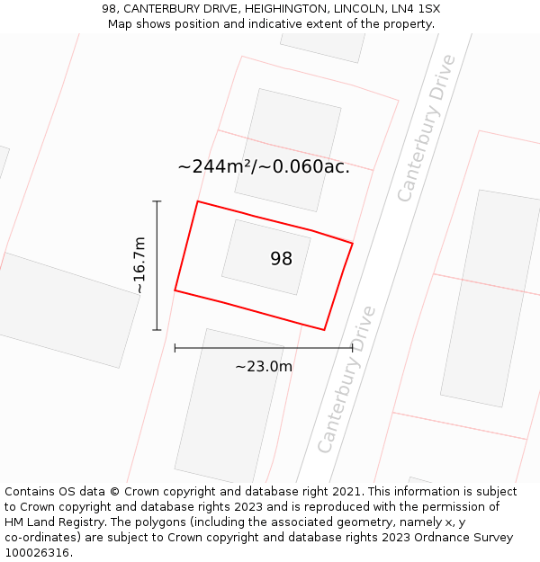 98, CANTERBURY DRIVE, HEIGHINGTON, LINCOLN, LN4 1SX: Plot and title map