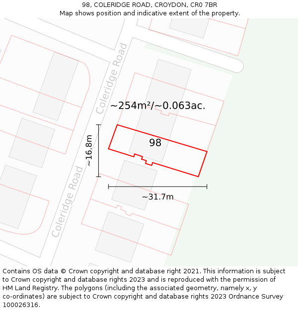 98, COLERIDGE ROAD, CROYDON, CR0 7BR: Plot and title map