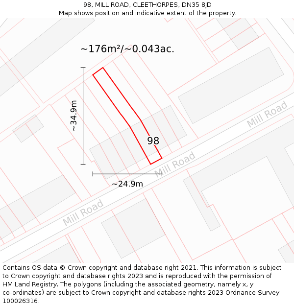 98, MILL ROAD, CLEETHORPES, DN35 8JD: Plot and title map
